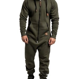 Beige Polyester Hooded Jumpsuit voor Heren - Casual Lange Mouwen Rits Onesie met Zakken, Machinewasbaar voor Herfst & Winter