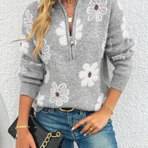 Elegante dames sweater met half rits en bloemenprint - Lange mouwen, ronde hals, warme wintertrui, losse pasvorm, casual pullover met drop shoulder design