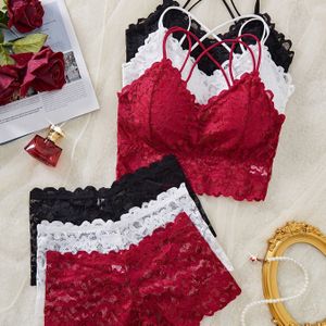 Vrouwen Sexy Lace Bandeau Top en Korte Slip, Romantische Kleur, Middenoprijzing, Verwijderbare Vulling, Lingerie Set voor Volwassenen - Roze & Zwart