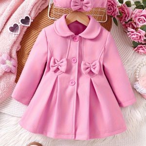 Meisjes Nieuwe Herfst-Winter Roze Strik Lange Tweekleurenjas met Baret