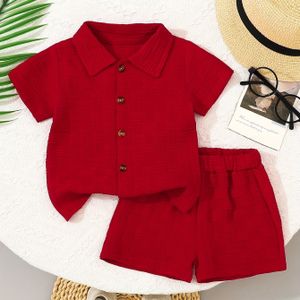 2-delige jongens casual kleur korte mouw overhemd met knopen en shorts set | Leuke outdoor kleding met medium stretch stof, voor buiten