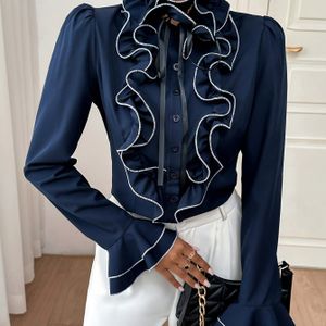 Elegante Ronde Hals Knoopsluiting Shirt met Waterlelie Mouwen & Strik - Kleur Blouse, Machinewasbaar, Het Hele Jaar Door Veelzijdig voor Casual of Chique Outfits