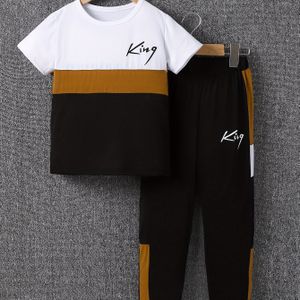 Jongens 2-delige Casual Co Ord Set, KING Letter Block Tee En Jogger Broek, Comfortabele Zomerkleding Voor Dagelijkse En Buitenkleding