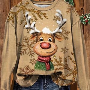 Dames Plus Size Kerst Rendier Print T-Shirt, Casual Ronde Hals Pullover Sweatshirt, Polyester Breisel Stof, Feestelijke Vakantie Top voor Lente/Herfst