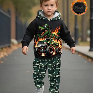 Jongens Outdoor Hoodie Set. Camouflage, Vlam, 3D Print , Pluche Warme Voering Hoodie en Joggers, Perfect voor Buiten. Handgesneden, Geschikt als Vakantiecadeau voor Jongeren