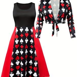 Plus Size - Plus Size Damesmode Bedrukte Tweedelige Set met Zakken - Elegante Mouwloze Top & Hoge Taille Rok, Zwart met Rood en Wit Hartpatroon, Outfit, Outfit|Speelse Print Top|Polyester Stof