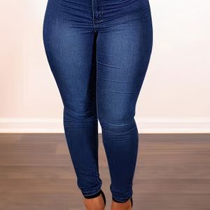 Plus Size Stretch Denim Jeans voor Vrouwen - Donkerblauw Kleur, Knoopsluiting, Casual Lange Broek voor Casual Dracht, Comfortabele Pasvorm, Duurzame Stof