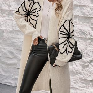 Bloemenpatroon Drop Shoulder Cardigan, Elegante Lange Mouw Cardigan Voor Herfst & Winter, Dameskleding