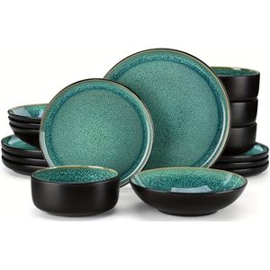 16pcs Dinner Sets Green Stoneware Kiln Change Plates And Bowls Set Tableware With , Dessert Plate, Soup Bowl And Cereal Bowl Service For 4