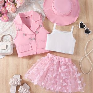 4-delige set voor jonge meisjes: Zomerse camisole top en vlinder mesh rok met mouwloze pak jas met hoed, meisjes zomer 4-delige outfit, perfect voor buiten