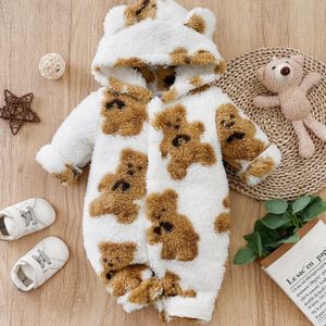 Gezellige Fleece Baby Romper met Beer Oren en Capuchon - Schattige Dierenprint, Winter Romper, Perfect voor Buiten