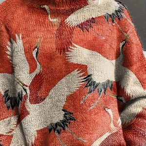 Plus Size - Elegante Witte Kraan Print Trui voor Vrouwen - Chique Lange Mouwen, Ronde Hals, Zachte Pullover in Levendig Oranje met Zwarte Accenten, Perfect voor Lente & Herfst