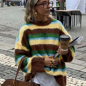 Vrouwen Herfst en Winter Mode Gestreepte Color-Block Ronde Hals Casual Lange Mouw Vest voor een Stijlvolle Look