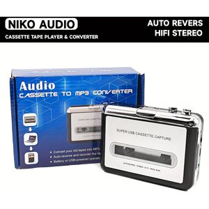Niko Audio Super USB Cassette Capture - Draagbare Bandrecorder en Converter met HIFI Stereo, USB-C Voeding en MP3-conversie, Batterijgevoerd, MP3-converter|Glanzende Afwerking|USB-aangedreven