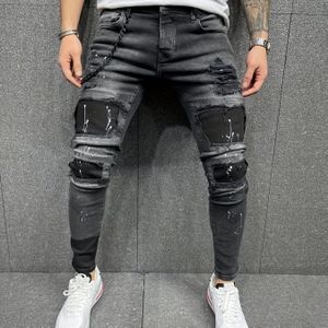 Alledaags | Heren Slim-Fit Distressed Jeans met Patchwork Detail - Stretch Denim, Gescheurd Ontwerp, Middelhoge Taille, Geschikt voor Alle Seizoenen, Zwart & Wit