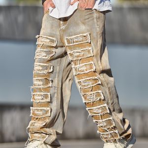 2024 Nieuwe Heren Jeans met Stretchloze Gescheurde Zoom, Franje en Veroudering – Casual Losvallende Vloerlengte Broek in – Trendy en Veelzijdig