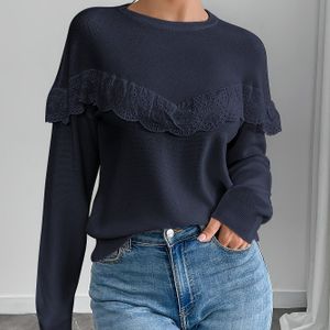 Elegante dames trui met kant - Zacht viskoze, lange mouw, ronde hals met subtiele zoomdetail - Perfect voor herfst- en wintermode