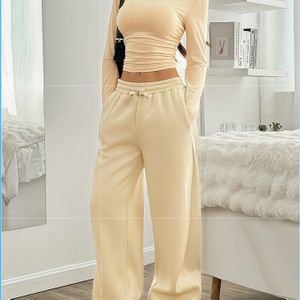 Meisjes Lente/Herfst Ronde Hals Slim Fit Lange Mouw Top + Beige Elastische Taille Wijd Broek Tweedelige Set, Ideaal voor Buitenactiviteiten