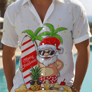 Heren Kerstthema Santa Met Surfplank Print Korte Mouw Shirt Voor Zomer, Casual Comfy Shirt Als Cadeau