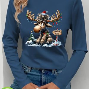 Dames Kerstmis Eland & Santa Noordpool Print T-Shirt - Casual Ronde Hals Lange Mouw Blouse met Feestelijk Vakantie Design, Wasmachinebestendige Wintertop voor Casual Kleding & Kerstfeesten