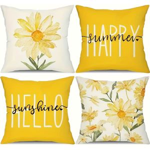 4pcs, Spring And Summer Pillow Case, Flower Pattern Pillow Case, Watercolor Daisies Suitable For Home Decoration, Sofa By Set Decoration, Living Room Decor, Bedroom Decor, 18*18inch