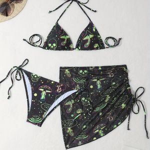 Sexy bikiniset voor dames, 3-delige set, halternek, - en paddenstoelprint, zwempak met trekkoord en rok, badkleding en outfits voor dames