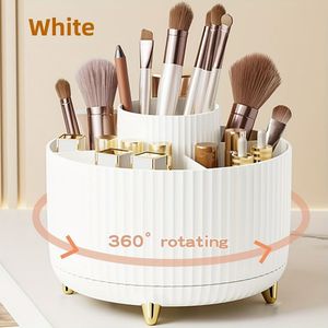 1pc Design 360° Rotating Makeup Organizer - Round Plastic Cosmetic Storage With 5 Compartments, Flush Mount, Polished , Multi-functional Desk Caddy For Brushes And Stationery