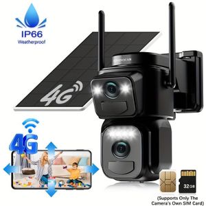1pc 2k Dual Lens Dual Screen -355° Ptz + Fixed View - Solar 4g Connectivity, No Wifi Needed, Free Trial Of Cloud Storage , Pir Automatic Human Tracking Function, Voice, Camera ( Sim Card).