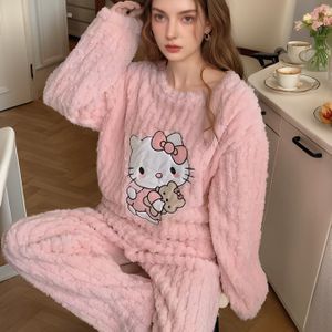 Sanrio Hello Kitty Herfst En Winter Lange Mouw Lange Broek Warm Fleece Pyjama Set, Los Zittende Homewear Fleece Outfit.