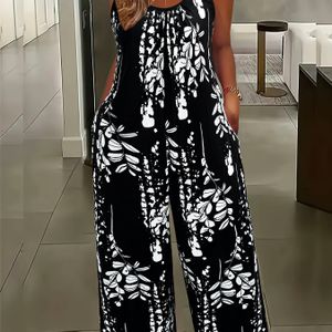Dames Zwart-Wit Bloemen Jumpsuit - Wijdpijp Romper met Zakken, Ronde Hals & Korte Mouwen, Kreukvrij Wasmachinebestendig Jumpsuit voor Bruiloften, Strand, Feesten - Casual tot Chique Outfit
