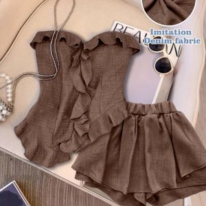 Vrouwen Set met Asymmetrische Ruffle Top en Broek zonder Bandjes