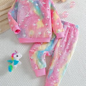 2 stuks Meisjes Ronde Hals Pluchen Sterrenhemel Print Trui + Broek Set, Warme Herfst en Winter Halloween Kostuum Schattig Rendier Kerstoutfit, Perfect voor Buiten