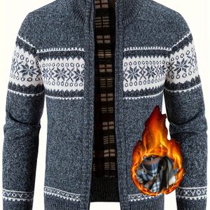 Heren Herfst/ Gebreide Vest met Opstaande Kraag, Volledige Rits, Bloemenpatroon, Fleece Gevoerd Lange Mouw Trui met Zakken voor Casual Wandelen Buiten - Polyester Gebreide Stof