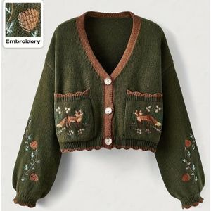 Dames Elegante Winter Cardigan Trui - Vos & Bosdier Print Kraagjas, Olijfgroen/ Knoopsluiting Blazer, Handwasbaar Gezellige Buitenkleding voor Herfst & Winter, Veelzijdig voor Jeans of Jurken