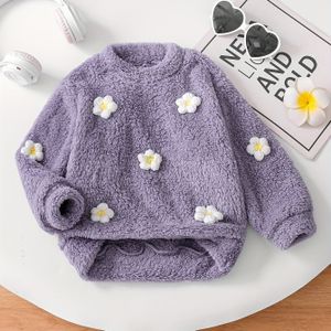 Meisjes Kleur Stoffen 3D Bloemen Dubbelzijdige Pluche Ronde Hals Lange Mouw Top - Geschikt voor Lente en Herfst