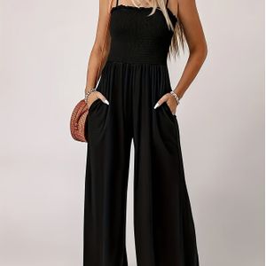 Dag Elegante Dames Jumpsuit met Schouders | Vintage Stijl | Zwart Polyester | Gladde Textuur met Detail | Wijde Broek | Machinewasbaar | Ideaal voor Lente/Zomer/Herfst