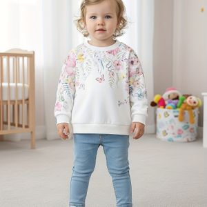 Meisjes Casual Herfst- en Winter Sportieve Witte Sweater met Lange Mouwen en Bloemenprint
