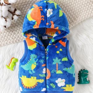 Jongens schattige cartoon print hooded vest, polyester gebreide stof, regular fit, lange mouwloze jas met rits, voor herfst/winter
