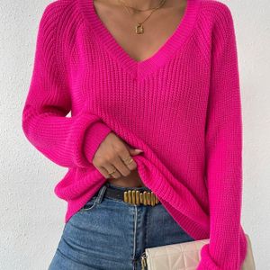 Levendige kleur V-hals gebreide trui, casual raglan mouw pullover trui voor herfst en winter, dameskleding