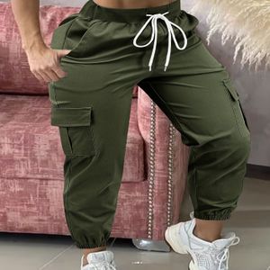 Dames Plus Size Olijfgroene Cargo Broeken - Casual Trekkoord Taille met Meerdere Zakken, Losse Pas , Kleur Werkkleding Stijl, Dagelijkse Cargo Broeken | Relaxed Fit Broeken | Polyester Blend
