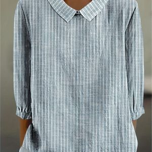 SHIMIDA Dames & Wit Gestreepte Retro Shirtjas - Kraag 7/8 Mouw Blouse, Grijze Strepen Knopen-Front Cardiganachtige Top voor Casual en Smart-Casuele Stijl, Alledaags Veelzijdigen Buitenlaag