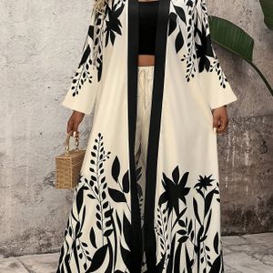 Plus Size, Dames Plus Maat 2-delige Tropische Bladprint Maxi Jas & Wijdpantalon Set - Oversized Elegante Midi Jurk met Gordeljasje Machinewasbaar Winter Outfits in Zwart/Beig