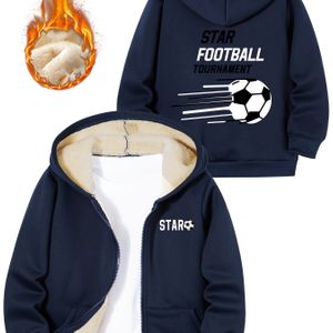 Jongens Voetbalprint Modieuze Casual Ritsjas, Herfst en Winter Kinderen Gevoerde Warme Lange Mouwen Capuchon Sportshirt, Comfortabel voor Dagelijks Buitenschoolse Activiteiten