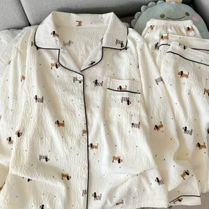 Polka Dot Puppy Print Pyjama's voor Dames Lente en Herfst Cartoon Schattige Revers Casual Vest Home Kleding Lange Mouw Broek Tweedelige Pak Herfst en Winter Stijl