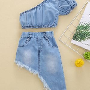 Meisjes Off-Shoulder Denim Tuniek en Rok Set, Zomer Blend, Kleur, Hem Detail, Korte Mouw Top met Gefrayed Hem Rok, Toddler Mode Outfit