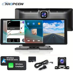 NHOPEEW Draagbare Auto Stereo Draadloze Auto Player Voor Dash Cam, 9.3" HD IPS Scherm Auto Radio, Voor-/achteruitkijkcamera, Loopopname, Stembediening, Navigatie, AUX/FM Zender, Zonder Batterij