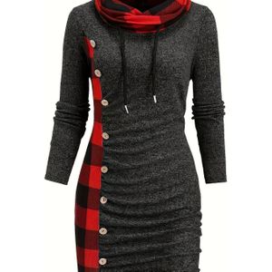 Op Maat Gemaakte Patchwork Jurk met Lange Mouwen en Gerimpelde Details