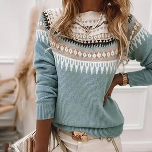 Plus Size, Plus Size Dames Trui met Geometrisch , Herfst/Winter Lange Mouwen Pullover, Damestop