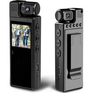 Kleine bodycamera, 180° roterende lens, lange batterijduur, sportcamera, geschikt voor het opnemen van sportfietsen, zwarte body, met achterclip.