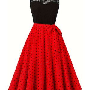 Retro Polka Dot A-Lijn Feestjurk voor Dames met Zwarte Kantafwerking, Rode Riem en Zwarte Hartpatronen - Casual Zomerjurk voor Volwassenen, Schattige Jurken